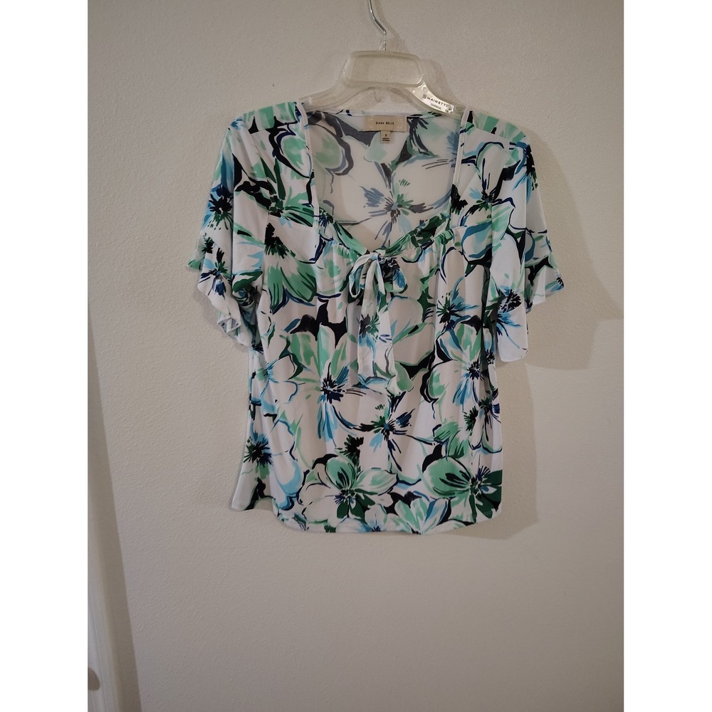 Diana Belle‎ Womens Floral Print Square Neck Tie Front Short Sleeve Blouse Small